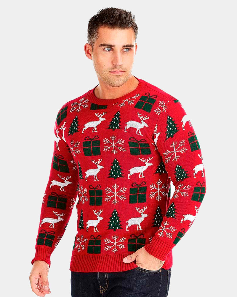 mens Red Couple's Christmas Jumper with Reindeers, Gifts and Trees