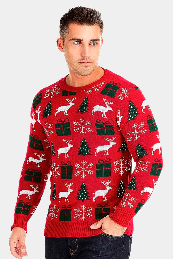 mens Red Couple's Christmas Jumper with Reindeers, Gifts and Trees