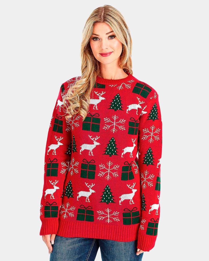 Red Couple's Christmas Jumper with Reindeers, Gifts and Trees womens