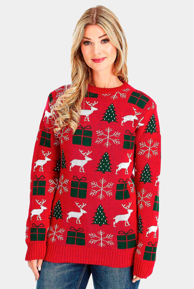 Red Couple's Christmas Jumper with Reindeers, Gifts and Trees womens