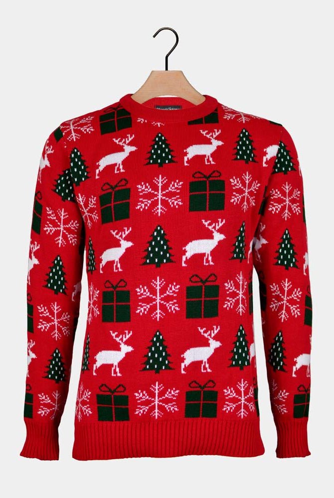 Red Couple's Christmas Jumper Reindeers, Gifts and Trees