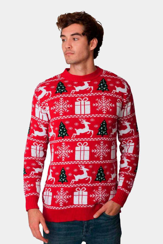 Red Couple's Christmas Jumper with Reindeers, Trees and Gifts mens