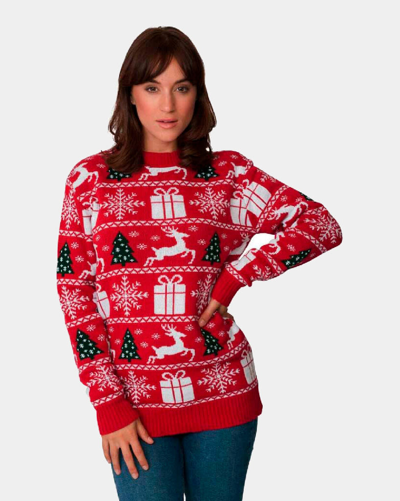 womens Red Couple's Christmas Jumper with Reindeers, Trees and Gifts