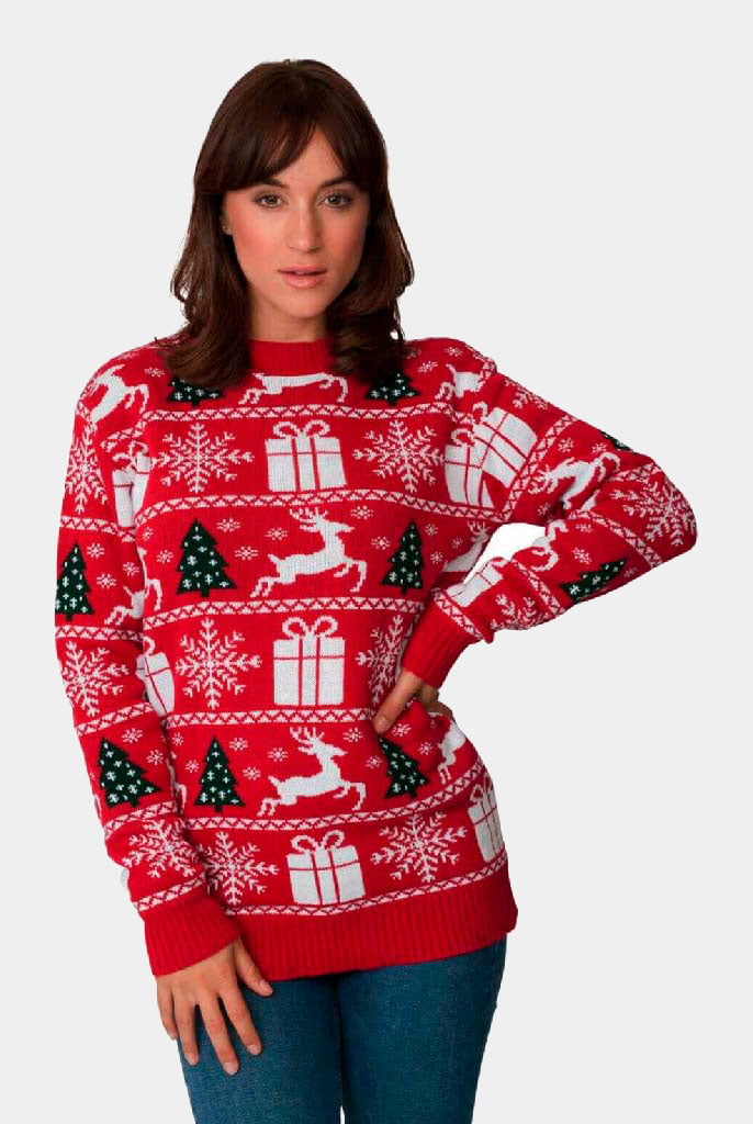 womens Red Couple's Christmas Jumper with Reindeers, Trees and Gifts