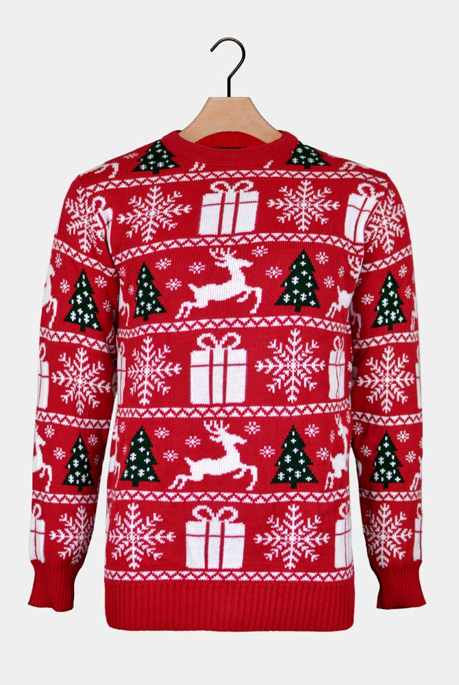 Red Couple's Christmas Jumper with Reindeers, Trees and Gifts