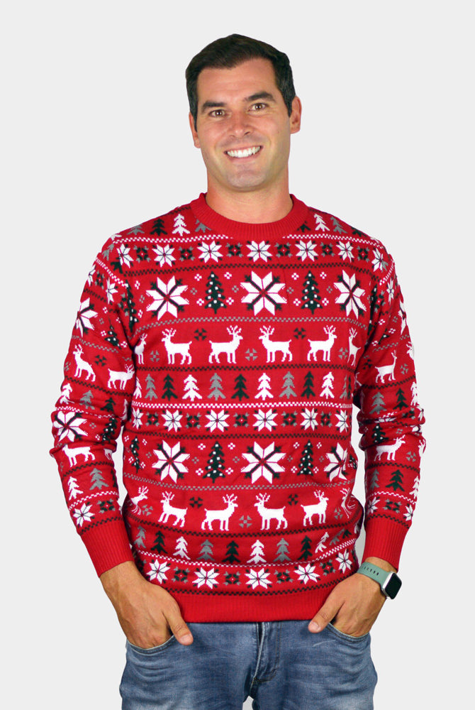 Red Couple's Christmas Jumper with Reindeers, Trees and Polar Star mens