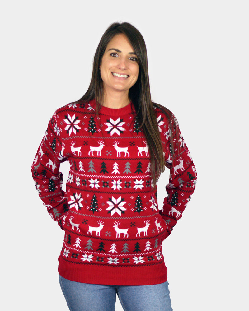 Red Couple's Christmas Jumper with Reindeers, Trees and Polar Star womens