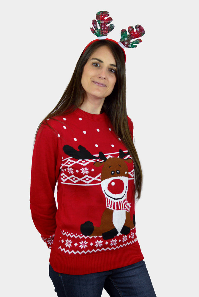 Red Couple's Christmas Jumper with Rudolph the Happy Reindeer womens