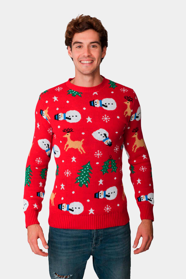 Red Couple's Christmas Jumper with Santa, Trees and Snowmens mens