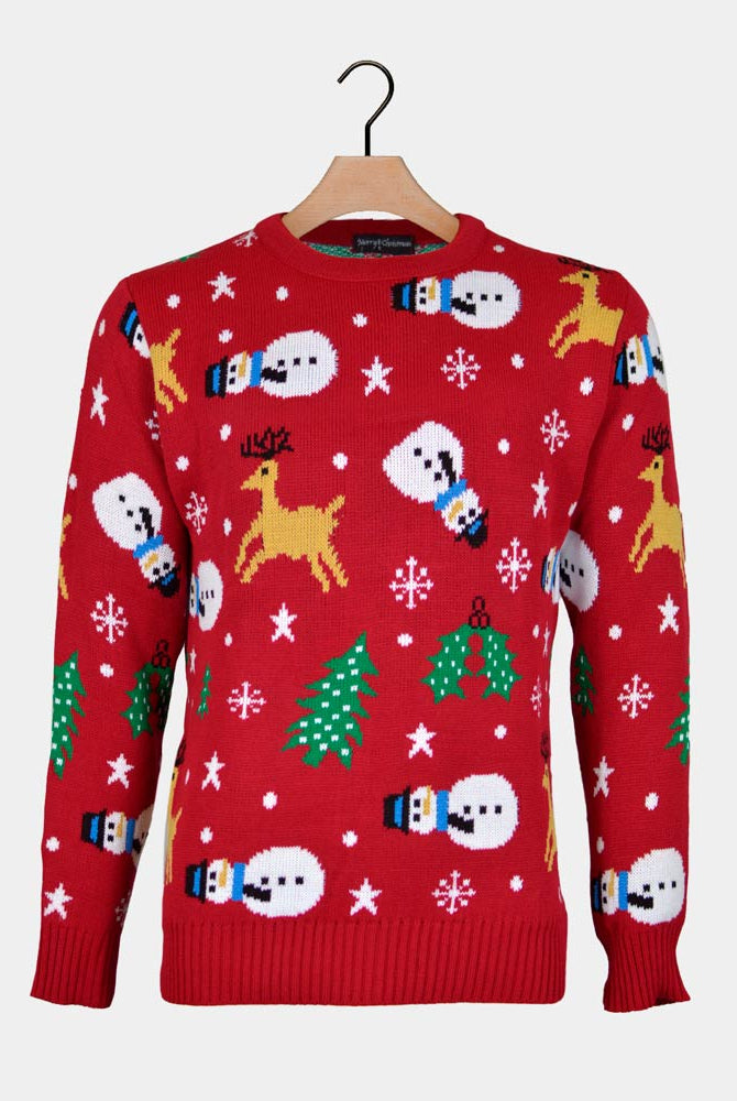 Red Couple's Christmas Jumper with Santa, Trees and Snowmens