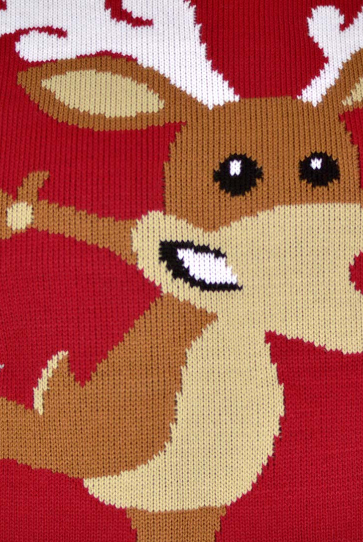 detail Red Couple's Christmas Jumper with Skating Reindeer