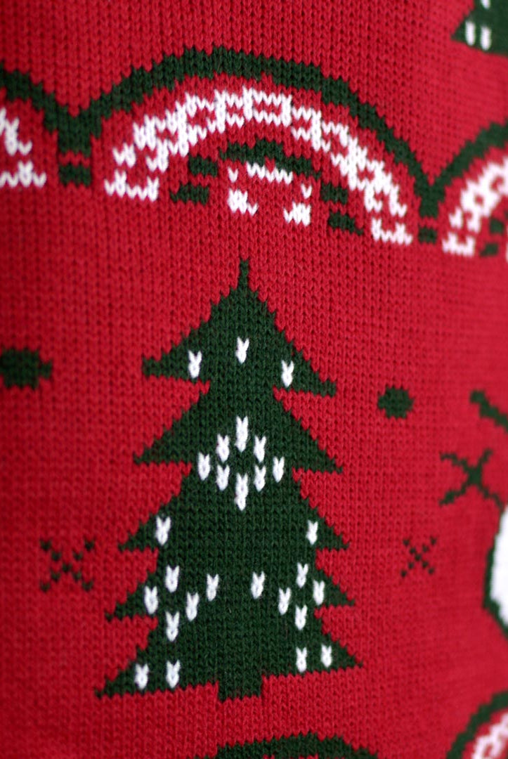 detail Red Couple's Christmas Jumper with Trees and Snowmens