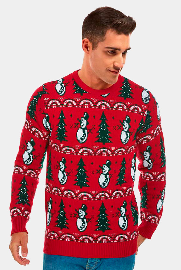 Red Couple's Christmas Jumper with Trees and Snowmens mens
