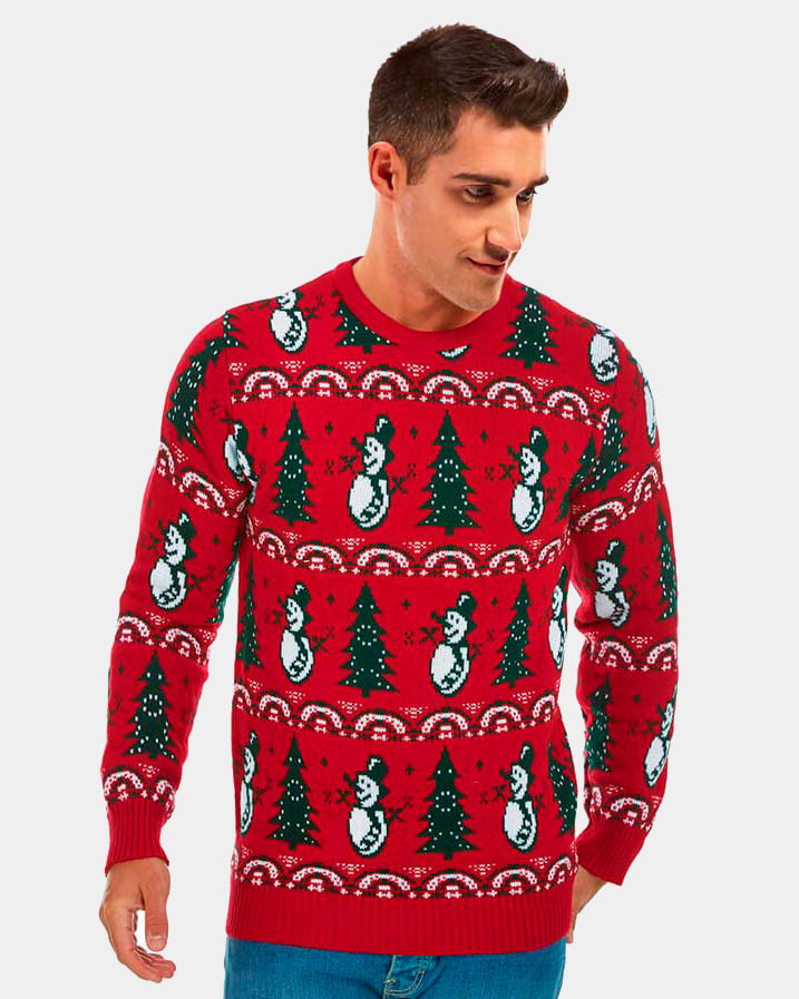 Red Couple's Christmas Jumper with Trees and Snowmens mens