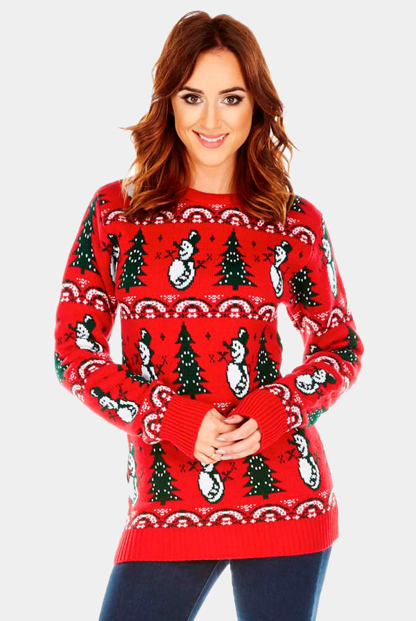 womens Red Couple's Christmas Jumper with Trees and Snowmens