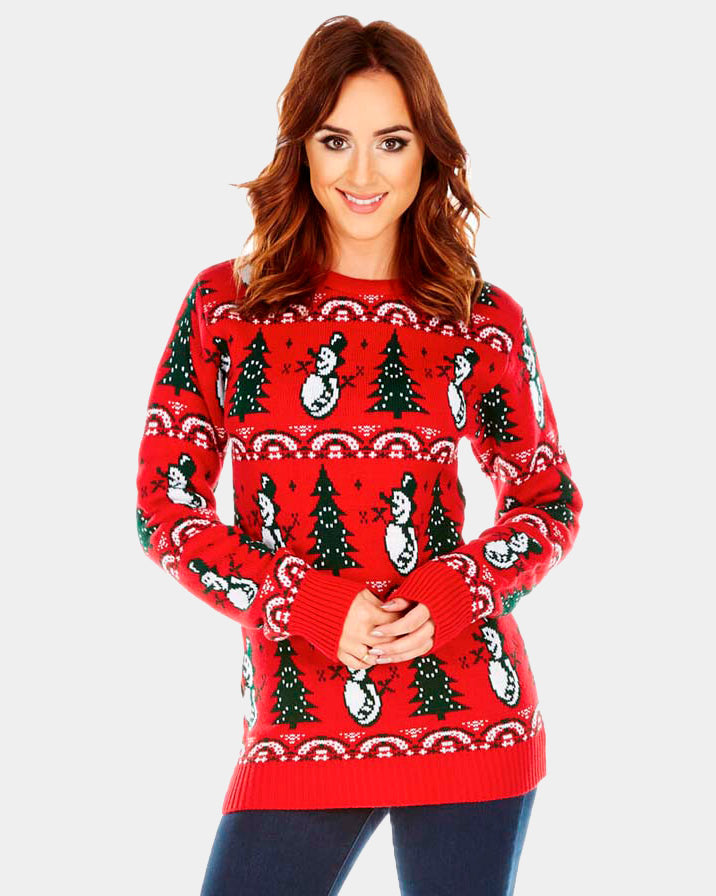 womens Red Couple's Christmas Jumper with Trees and Snowmens