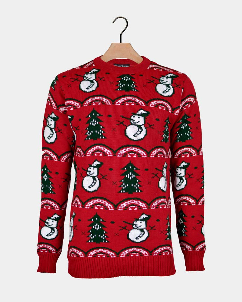 Red Couple's Christmas Jumper with Trees and Snowmens