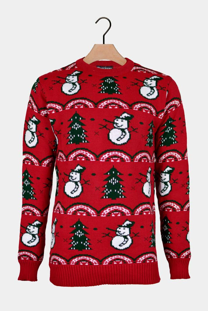 Red Couple's Christmas Jumper with Trees and Snowmens
