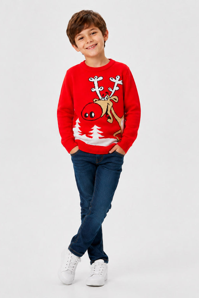 Red Family Christmas Jumper Reindeer with a Beer Boy