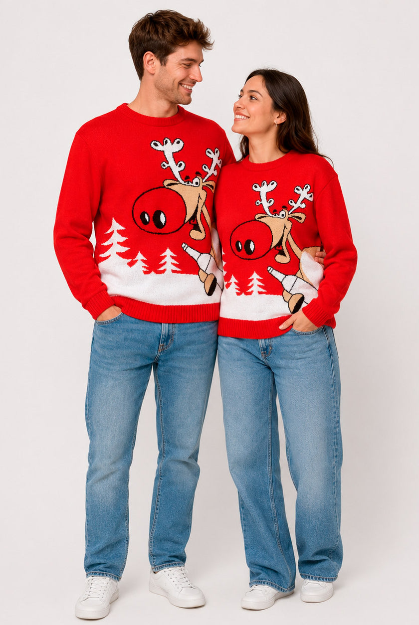 Red Family Christmas Jumper Reindeer with a Beer Couple