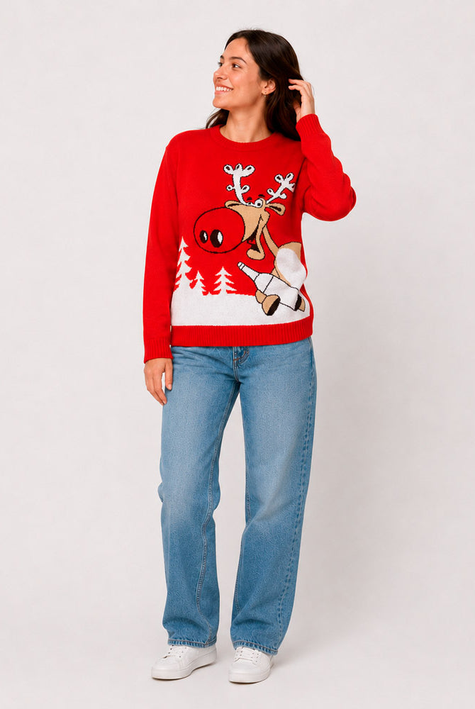 Red Family Christmas Jumper Reindeer with a Beer Women