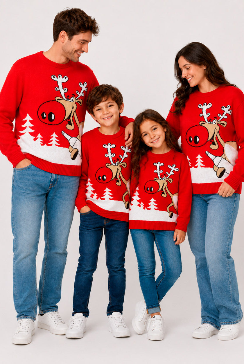 Red Family Christmas Jumper Reindeer with a Beer