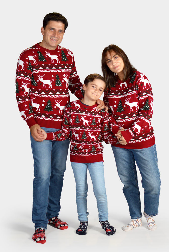 Matching Family Red Christmas Jumper with Reindeer and Christmas Trees