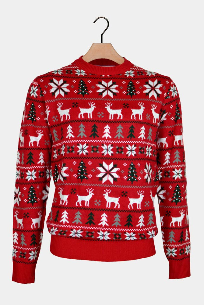 Red Family Christmas Jumper Reindeers, Trees and Polar Star