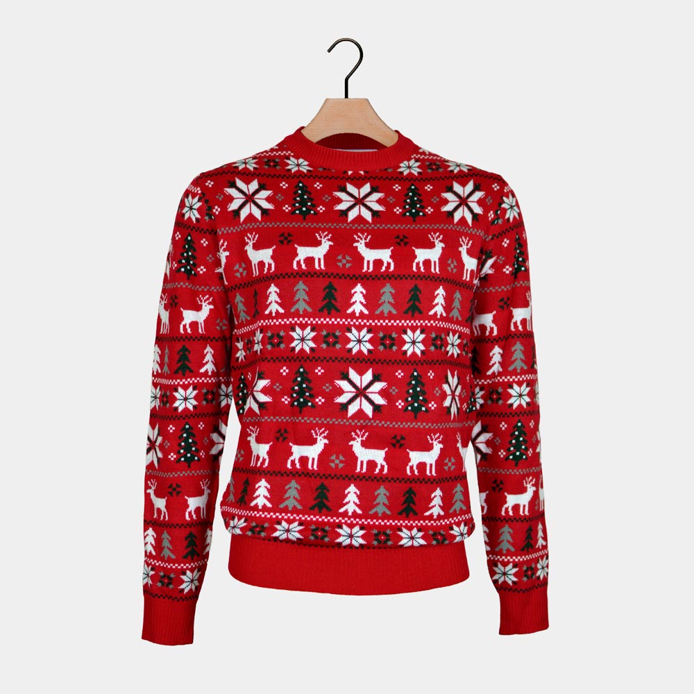 Red Family Christmas Jumper Reindeers, Trees and Polar Star