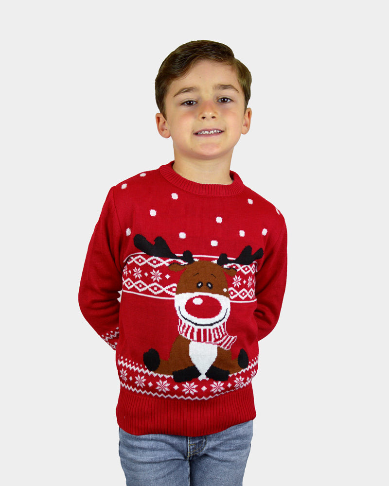 Red Family Christmas Jumper with Rudolph the Happy Reindeer boys