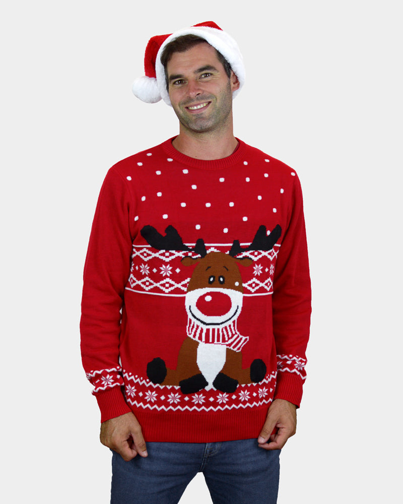 Red Family Christmas Jumper with Rudolph the Happy Reindeer mens