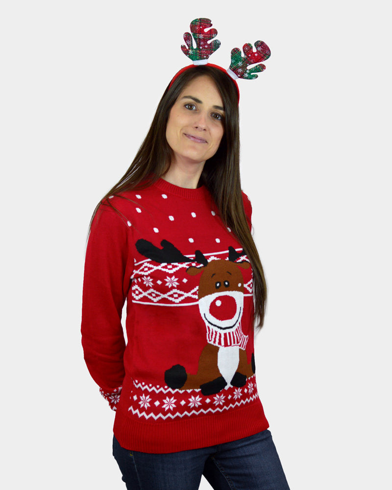 Red Family Christmas Jumper with Rudolph the Happy Reindeer womens