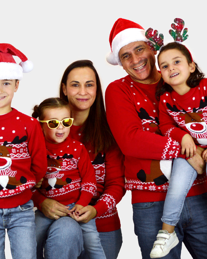 Red Family Christmas Jumper with Rudolph the Happy Reindeer