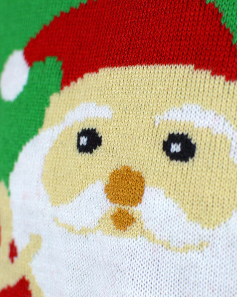 Red Family Christmas Jumper with Santa and Reindeer Greeting detail