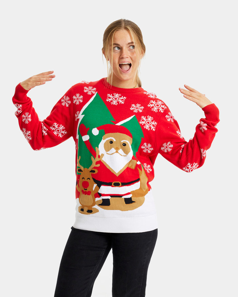 Red Family Christmas Jumper with Santa and Reindeer Greeting Womens