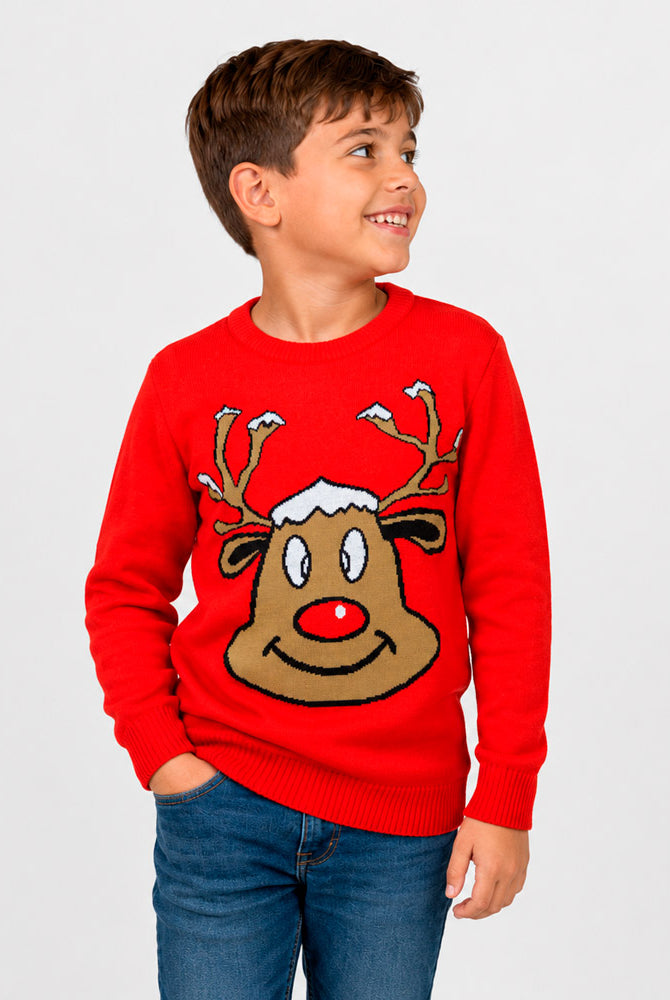 Red Family Christmas Jumper with Smiling Reindeer Boy