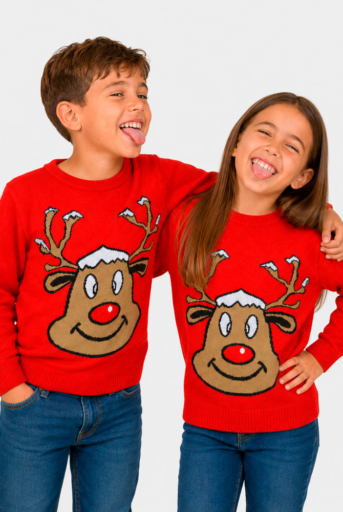 Red Family Christmas Jumper with Smiling Reindeer Children