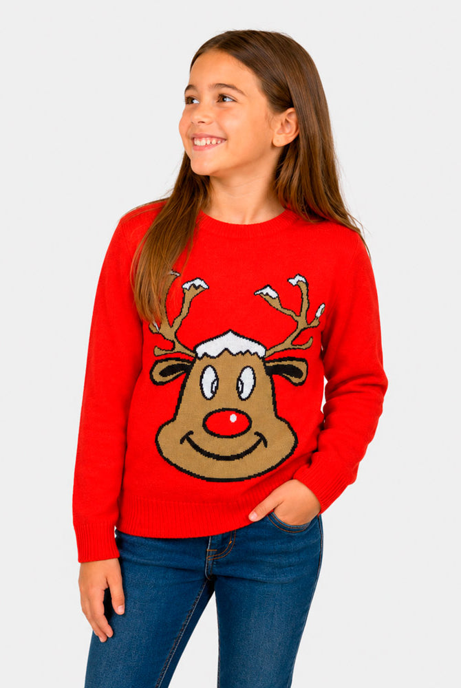 Red Family Christmas Jumper with Smiling Reindeer Girl