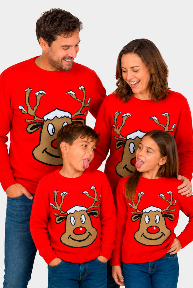 Red Family Christmas Jumper with Smiling Reindeer