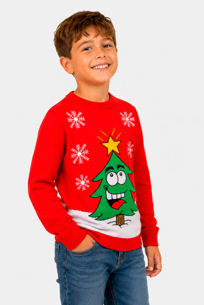 Red Family Christmas Jumper with Smiling Tree boy