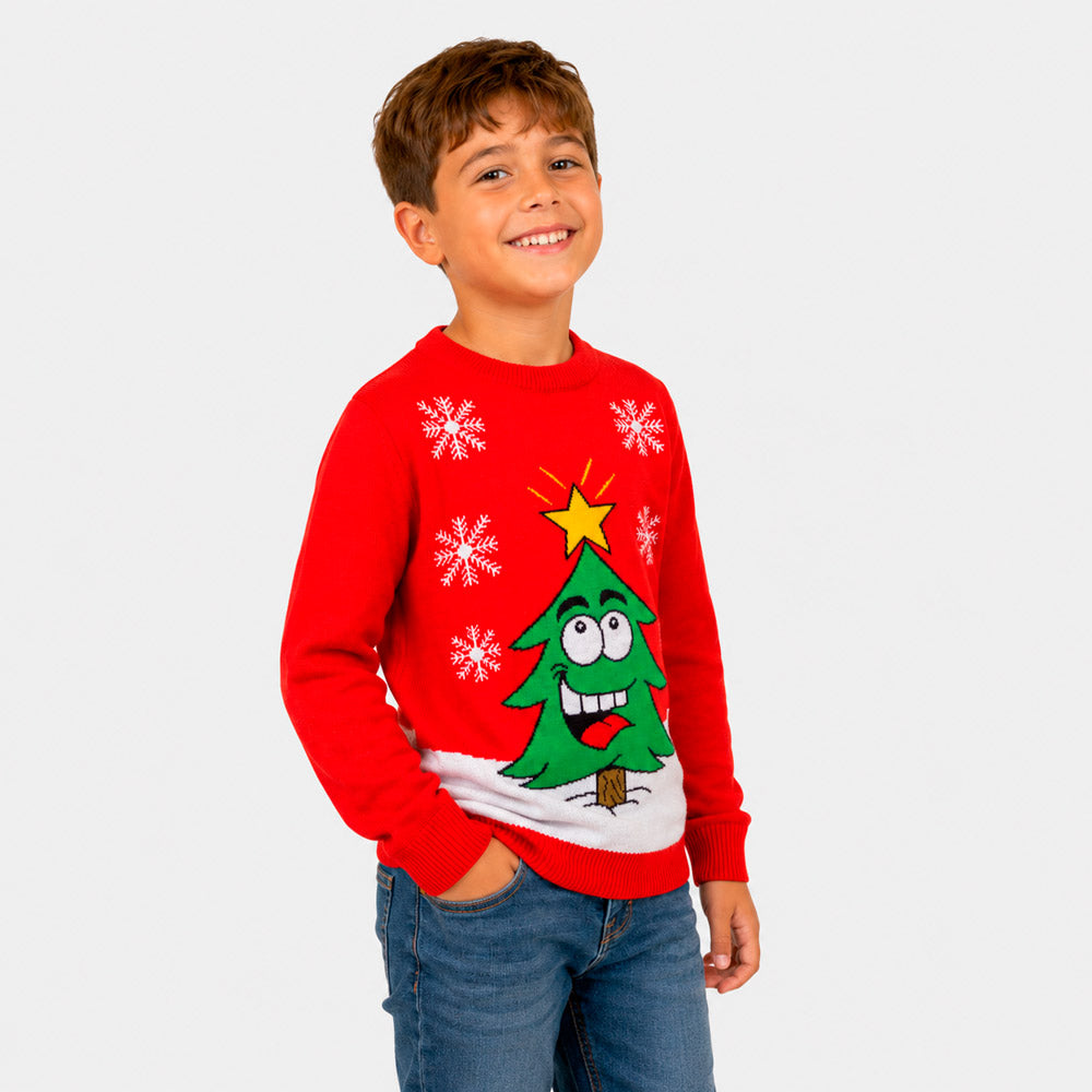 Red Family Christmas Jumper with Smiling Tree boy