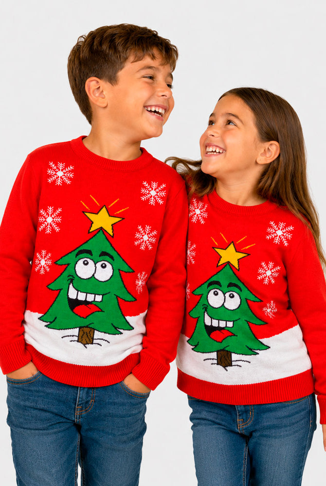 Red Family Christmas Jumper with Smiling Tree Children