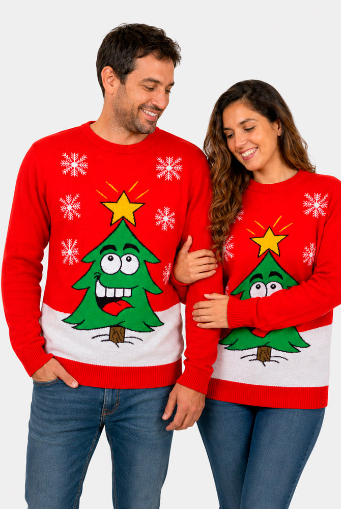 Red Family Christmas Jumper with Smiling Tree Couple