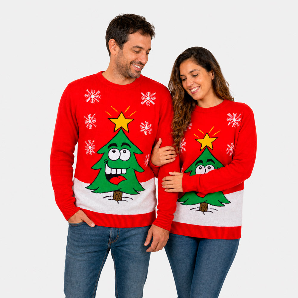 Red Family Christmas Jumper with Smiling Tree Couple