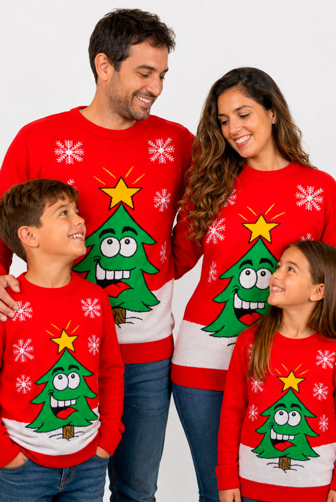 Red Family Christmas Jumper with Smiling Tree