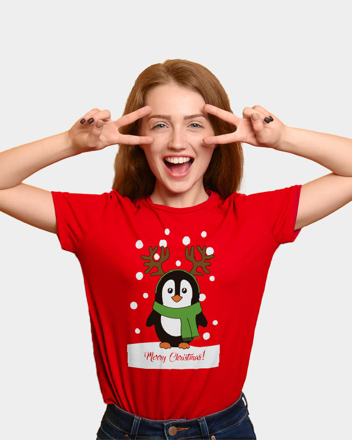 Red Family Christmas T-Shirt with Penguin womens