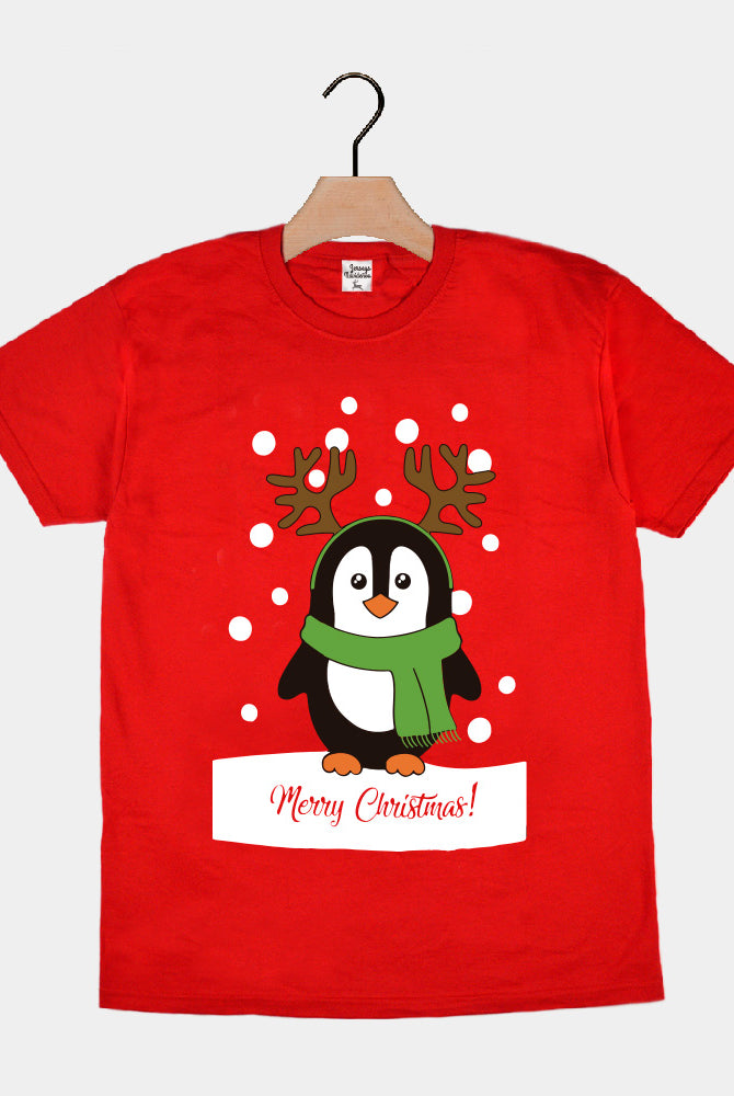 Red Family Christmas T-Shirt with Penguin