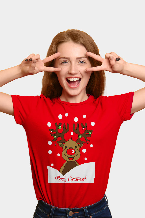 womens Red Family Christmas T-Shirt with Rudolph Reindeer