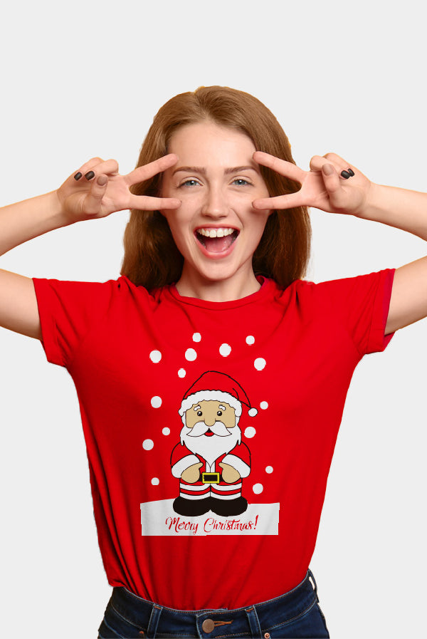 womens Red Family Christmas T-Shirt with Santa Claus