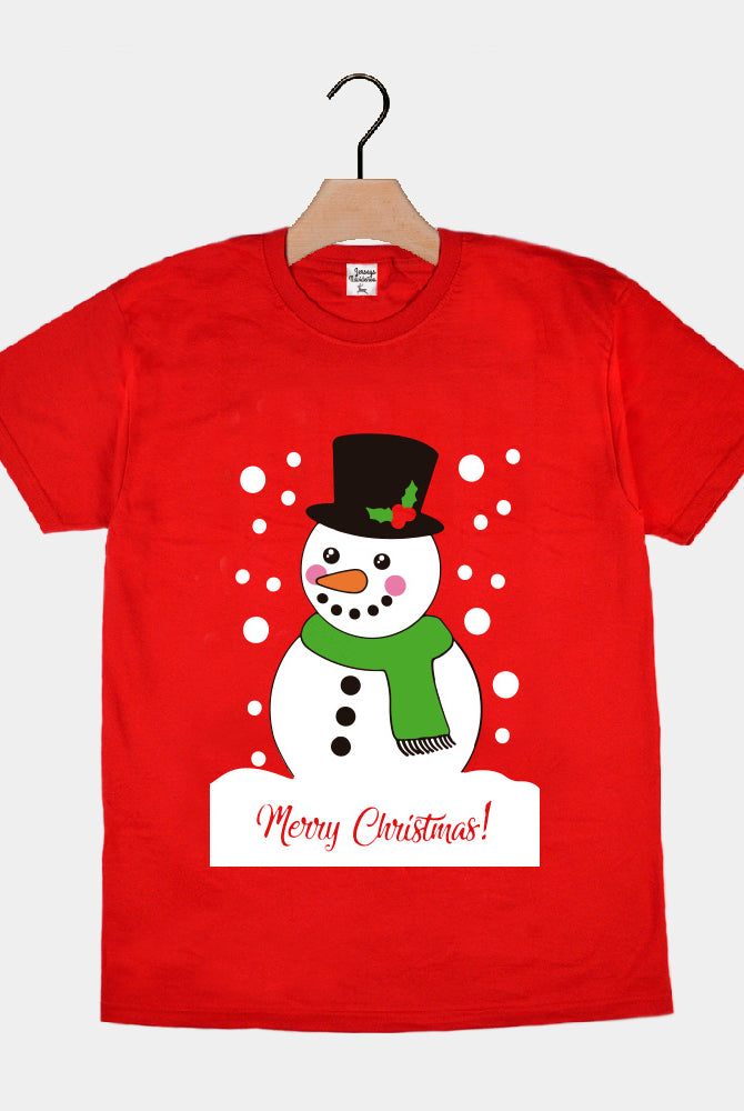Red Family Christmas T-Shirt with Snowman
